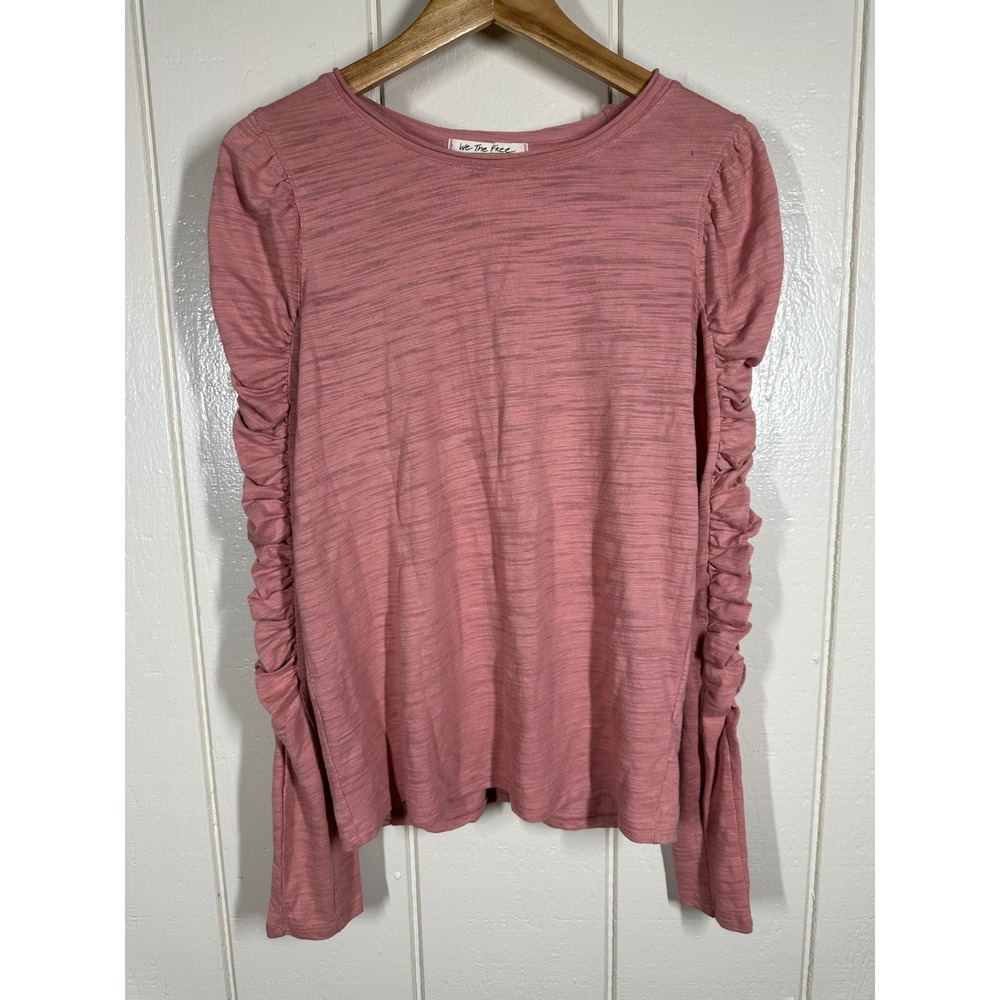 We The Free Top Womens Medium Pink Ruched Puff Sleeve Slub Knit Tee 7791